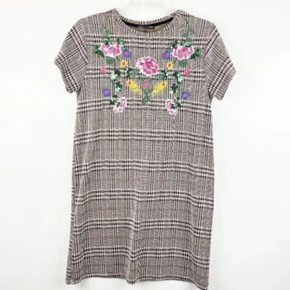 ZARA Plaid Floral Embroidered T-Shirt Dress Sequin - Picture 3 of 7